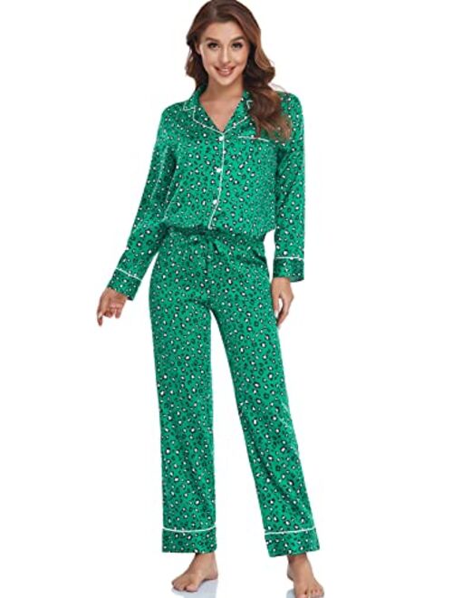 Serenedelicacy Women's Satin Pajama Set 2-Piece Sleepwear Loungewear Long Sleeve Button Down PJ Set