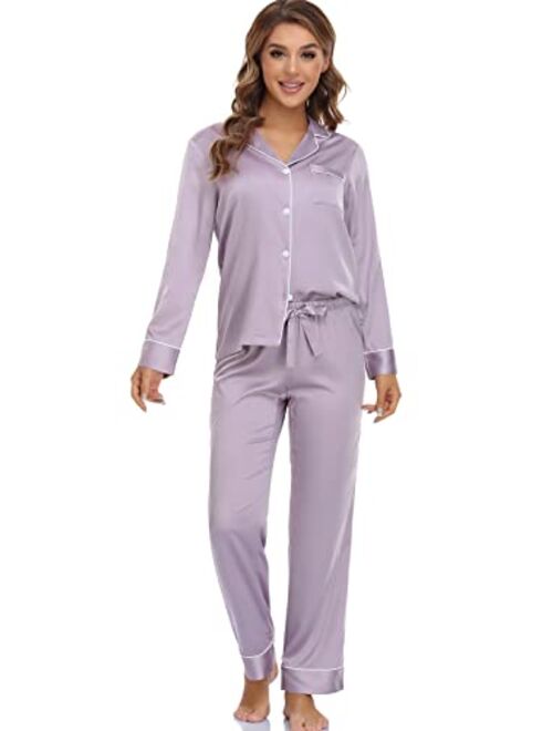 Serenedelicacy Women's Satin Pajama Set 2-Piece Sleepwear Loungewear Long Sleeve Button Down PJ Set