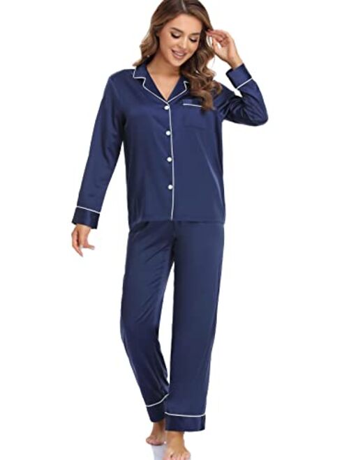 Serenedelicacy Women's Satin Pajama Set 2-Piece Sleepwear Loungewear Long Sleeve Button Down PJ Set