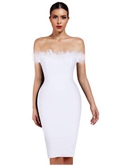 whoinshop Women's Sexy Off Shoulder Feather Bandage Evening Club Party Dress