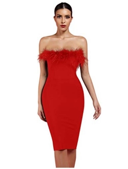 whoinshop Women's Sexy Off Shoulder Feather Bandage Evening Club Party Dress