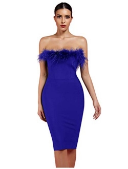 whoinshop Women's Sexy Off Shoulder Feather Bandage Evening Club Party Dress