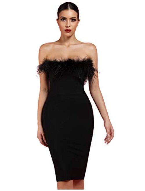 whoinshop Women's Sexy Off Shoulder Feather Bandage Evening Club Party Dress