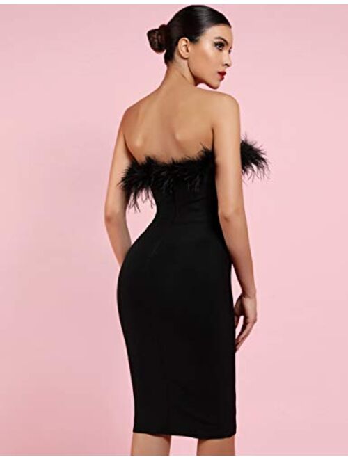 whoinshop Women's Sexy Off Shoulder Feather Bandage Evening Club Party Dress