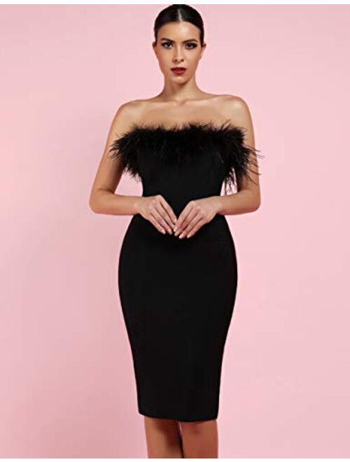 whoinshop Women's Sexy Off Shoulder Feather Bandage Evening Club Party Dress