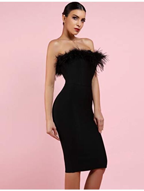 whoinshop Women's Sexy Off Shoulder Feather Bandage Evening Club Party Dress