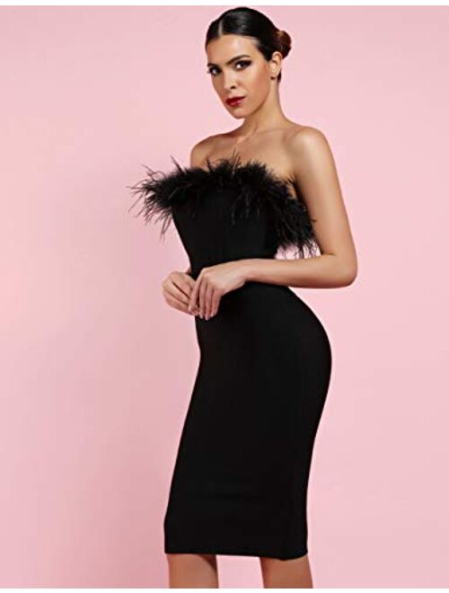 whoinshop Women's Sexy Off Shoulder Feather Bandage Evening Club Party Dress