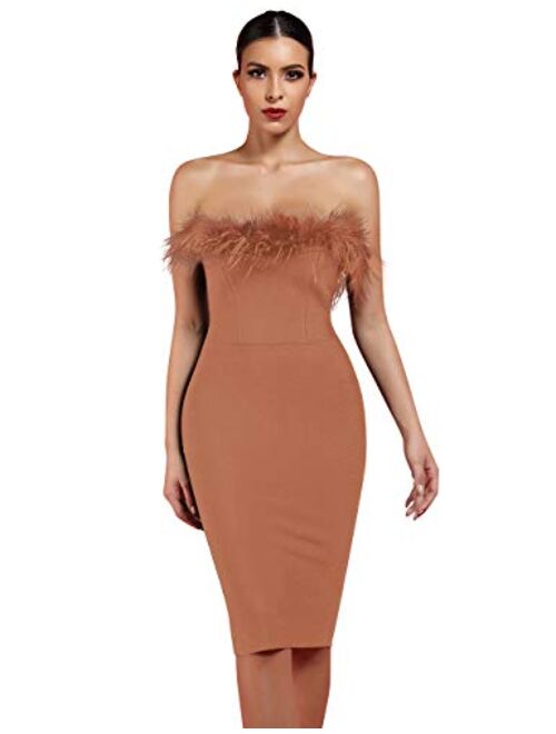 whoinshop Women's Sexy Off Shoulder Feather Bandage Evening Club Party Dress