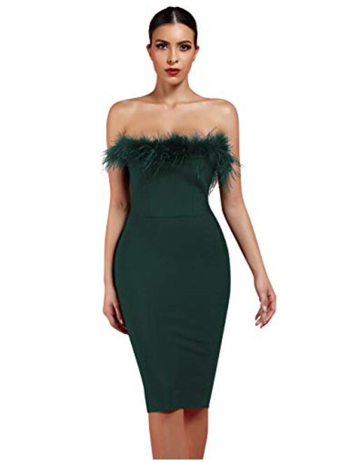 whoinshop Women's Sexy Off Shoulder Feather Bandage Evening Club Party Dress