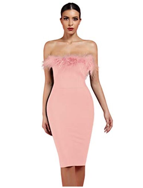 whoinshop Women's Sexy Off Shoulder Feather Bandage Evening Club Party Dress