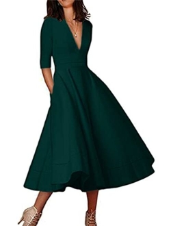 YMING Womens Vintage Deep V Neck Cocktail Dress 3/4 Sleeve Pleated Swing Dress Solid Color Maxi Dresses with Pockets