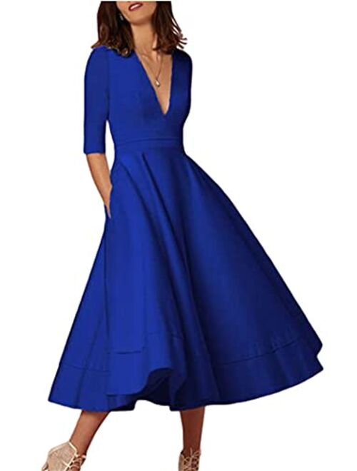 YMING Womens Vintage Deep V Neck Cocktail Dress 3/4 Sleeve Pleated Swing Dress Solid Color Maxi Dresses with Pockets