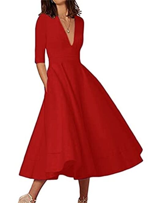 YMING Womens Vintage Deep V Neck Cocktail Dress 3/4 Sleeve Pleated Swing Dress Solid Color Maxi Dresses with Pockets