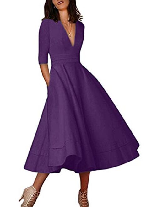 YMING Womens Vintage Deep V Neck Cocktail Dress 3/4 Sleeve Pleated Swing Dress Solid Color Maxi Dresses with Pockets