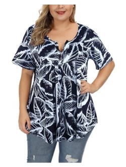 ALLEGRACE Women's Plus Size Floral Blouses Henley V Neck Button Up Tunic Tops Ruffle Flowy Short Sleeve T Shirts