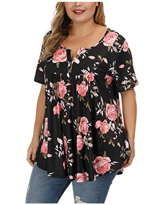 ALLEGRACE Women's Plus Size Floral Blouses Henley V Neck Button Up Tunic Tops Ruffle Flowy Short Sleeve T Shirts