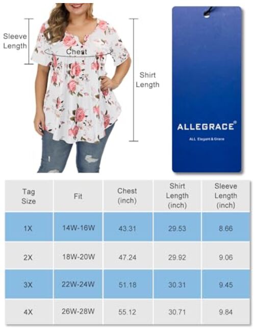 ALLEGRACE Women's Plus Size Floral Blouses Henley V Neck Button Up Tunic Tops Ruffle Flowy Short Sleeve T Shirts