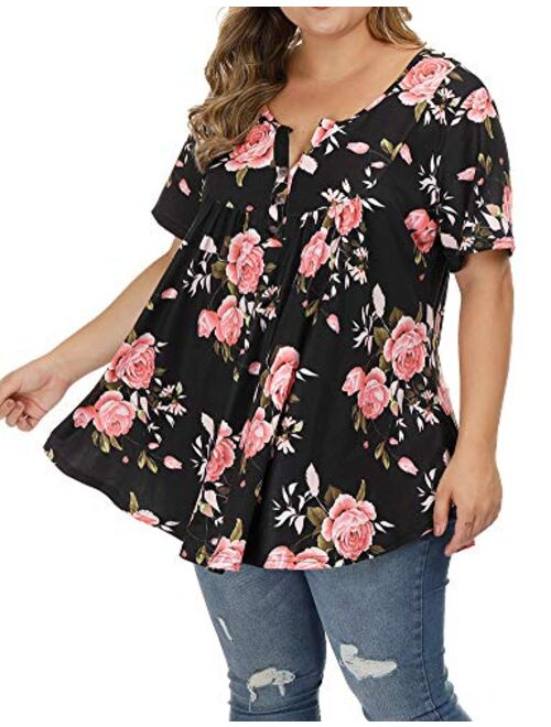 ALLEGRACE Women's Plus Size Floral Blouses Henley V Neck Button Up Tunic Tops Ruffle Flowy Short Sleeve T Shirts