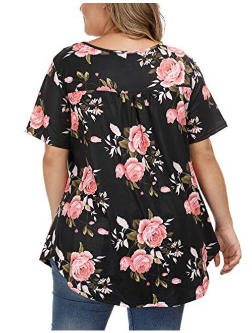 ALLEGRACE Women's Plus Size Floral Blouses Henley V Neck Button Up Tunic Tops Ruffle Flowy Short Sleeve T Shirts