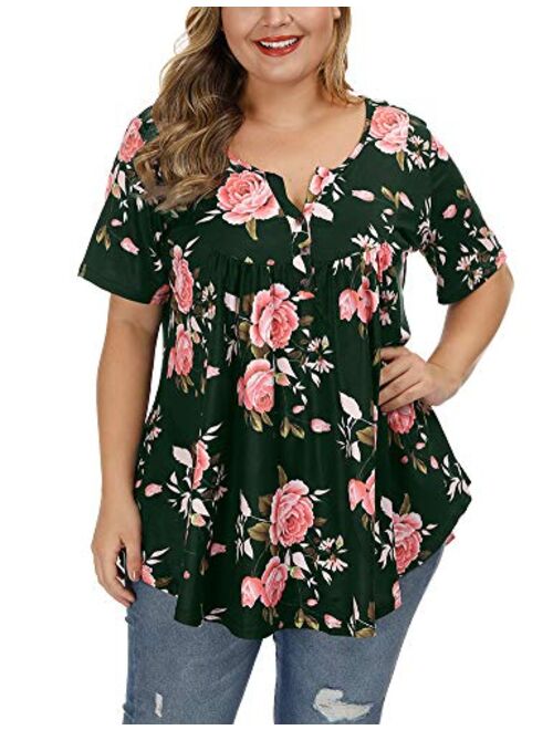 ALLEGRACE Women's Plus Size Floral Blouses Henley V Neck Button Up Tunic Tops Ruffle Flowy Short Sleeve T Shirts