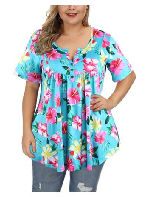 ALLEGRACE Women's Plus Size Floral Blouses Henley V Neck Button Up Tunic Tops Ruffle Flowy Short Sleeve T Shirts