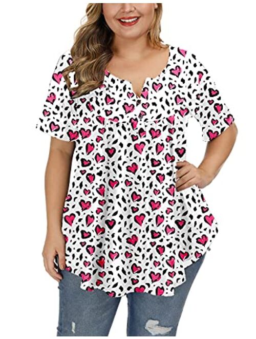 ALLEGRACE Women's Plus Size Floral Blouses Henley V Neck Button Up Tunic Tops Ruffle Flowy Short Sleeve T Shirts