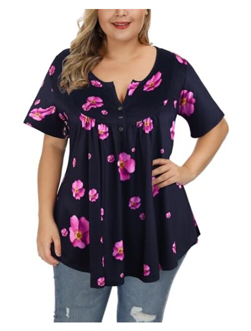 ALLEGRACE Women's Plus Size Floral Blouses Henley V Neck Button Up Tunic Tops Ruffle Flowy Short Sleeve T Shirts