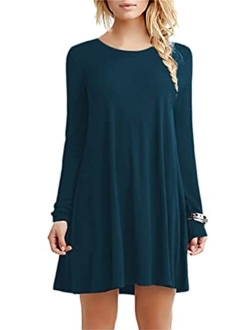 YMING Womens Long Sleeve Tshirt Dress Solid Color Mini Dresses Casual Crew Neck Dress Plus Size