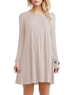 YMING Womens Long Sleeve Tshirt Dress Solid Color Mini Dresses Casual Crew Neck Dress Plus Size