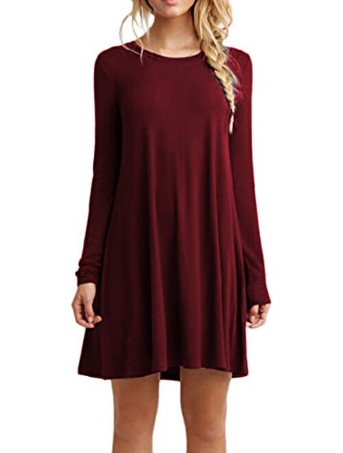 YMING Womens Long Sleeve Tshirt Dress Solid Color Mini Dresses Casual Crew Neck Dress Plus Size