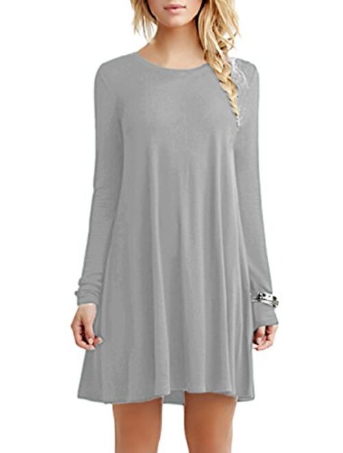 YMING Womens Long Sleeve Tshirt Dress Solid Color Mini Dresses Casual Crew Neck Dress Plus Size