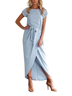 YMING Women Summer Casual High Waist Midi Dress Solid Color Wrap Faux Dress with Belt