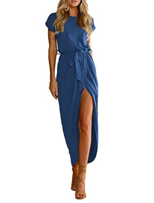 YMING Women Summer Casual High Waist Midi Dress Solid Color Wrap Faux Dress with Belt