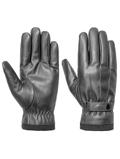 SANKUU Men's Winter Black Gloves Leather Touchscreen Snap Closure Cycling Glove Outdoor Riding Warm Waterproof Gloves