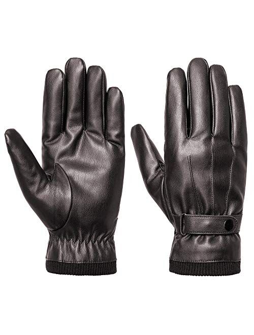 SANKUU Men's Winter Black Gloves Leather Touchscreen Snap Closure Cycling Glove Outdoor Riding Warm Waterproof Gloves