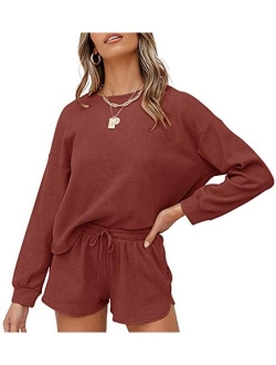 Women's Long Sleeve Pajama Set Henley Knit Tops and Shorts Sleepwear Loungewear