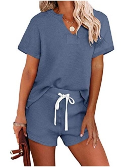 Women's Long Sleeve Pajama Set Henley Knit Tops and Shorts Sleepwear Loungewear