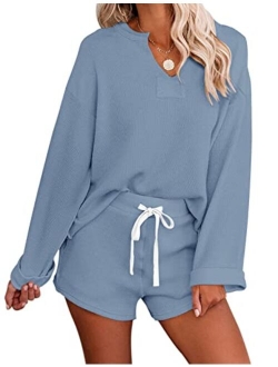 Women's Long Sleeve Pajama Set Henley Knit Tops and Shorts Sleepwear Loungewear