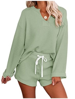 Women's Long Sleeve Pajama Set Henley Knit Tops and Shorts Sleepwear Loungewear