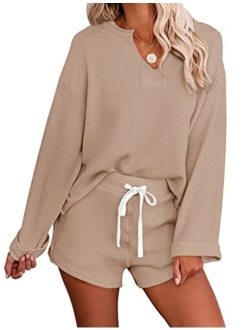 Women's Long Sleeve Pajama Set Henley Knit Tops and Shorts Sleepwear Loungewear