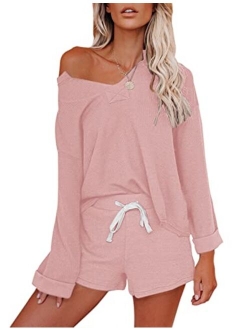 Women's Long Sleeve Pajama Set Henley Knit Tops and Shorts Sleepwear Loungewear