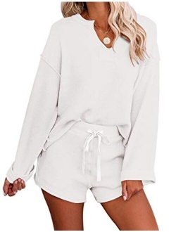 Women's Long Sleeve Pajama Set Henley Knit Tops and Shorts Sleepwear Loungewear