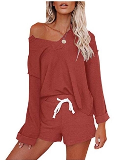 Women's Long Sleeve Pajama Set Henley Knit Tops and Shorts Sleepwear Loungewear