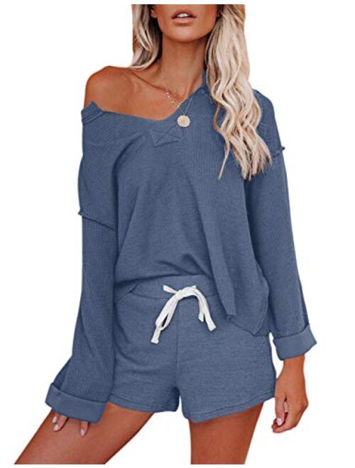 MEROKEETY Women's Long Sleeve Pajama Set Henley Knit Tops and Shorts Sleepwear Loungewear