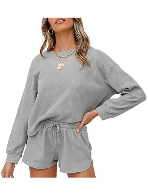 MEROKEETY Women's Long Sleeve Pajama Set Henley Knit Tops and Shorts Sleepwear Loungewear