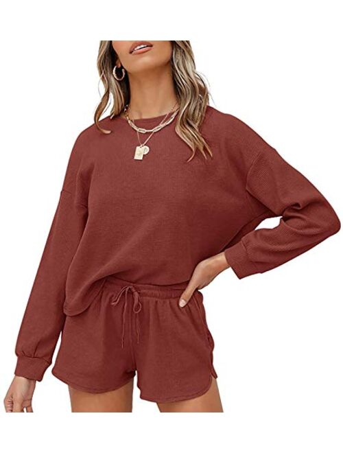 MEROKEETY Women's Long Sleeve Pajama Set Henley Knit Tops and Shorts Sleepwear Loungewear