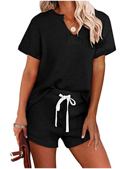 MEROKEETY Women's Long Sleeve Pajama Set Henley Knit Tops and Shorts Sleepwear Loungewear