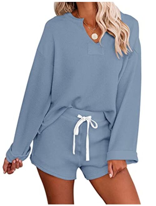 MEROKEETY Women's Long Sleeve Pajama Set Henley Knit Tops and Shorts Sleepwear Loungewear