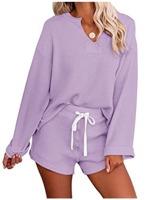 MEROKEETY Women's Long Sleeve Pajama Set Henley Knit Tops and Shorts Sleepwear Loungewear