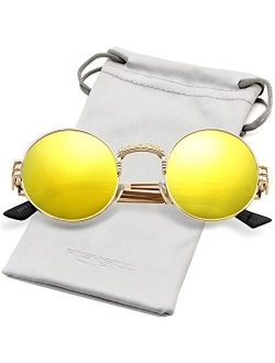 AIEYEZO Round Steampunk Sunglasses John Lennon Hippie Glasses Metal Frame 100% UV Blocking Lens